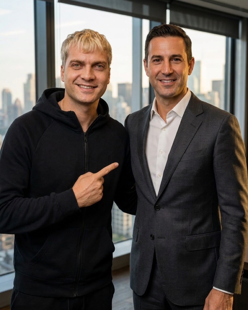 Lucas Weaver with a finance professional in a modern high-rise office.