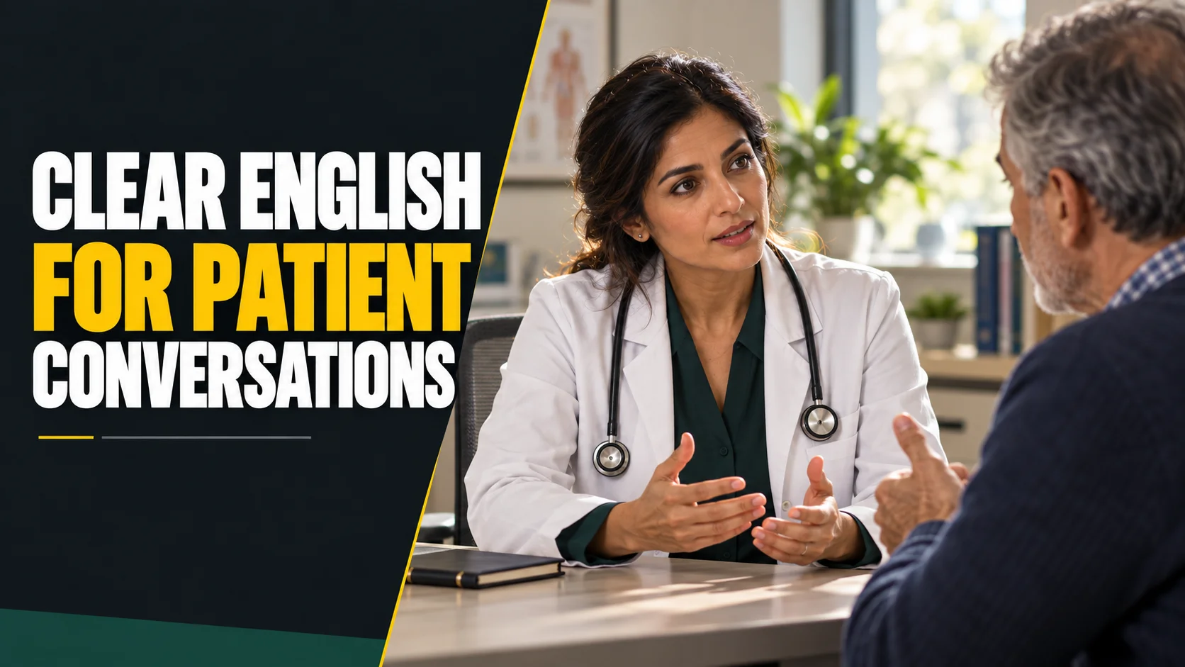 A doctor listens to an adult patient during a consultation; headline: Clear English for patient conversations.