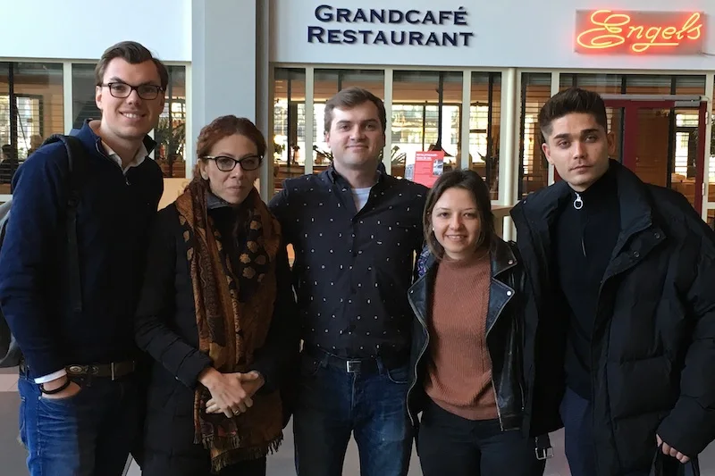 Lucas Weaver with students after an IELTS workshop in Rotterdam