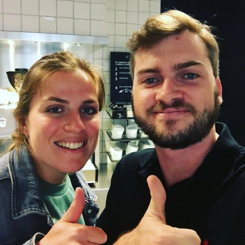 Lucas Weaver celebrating an IELTS result with his former student Lisette